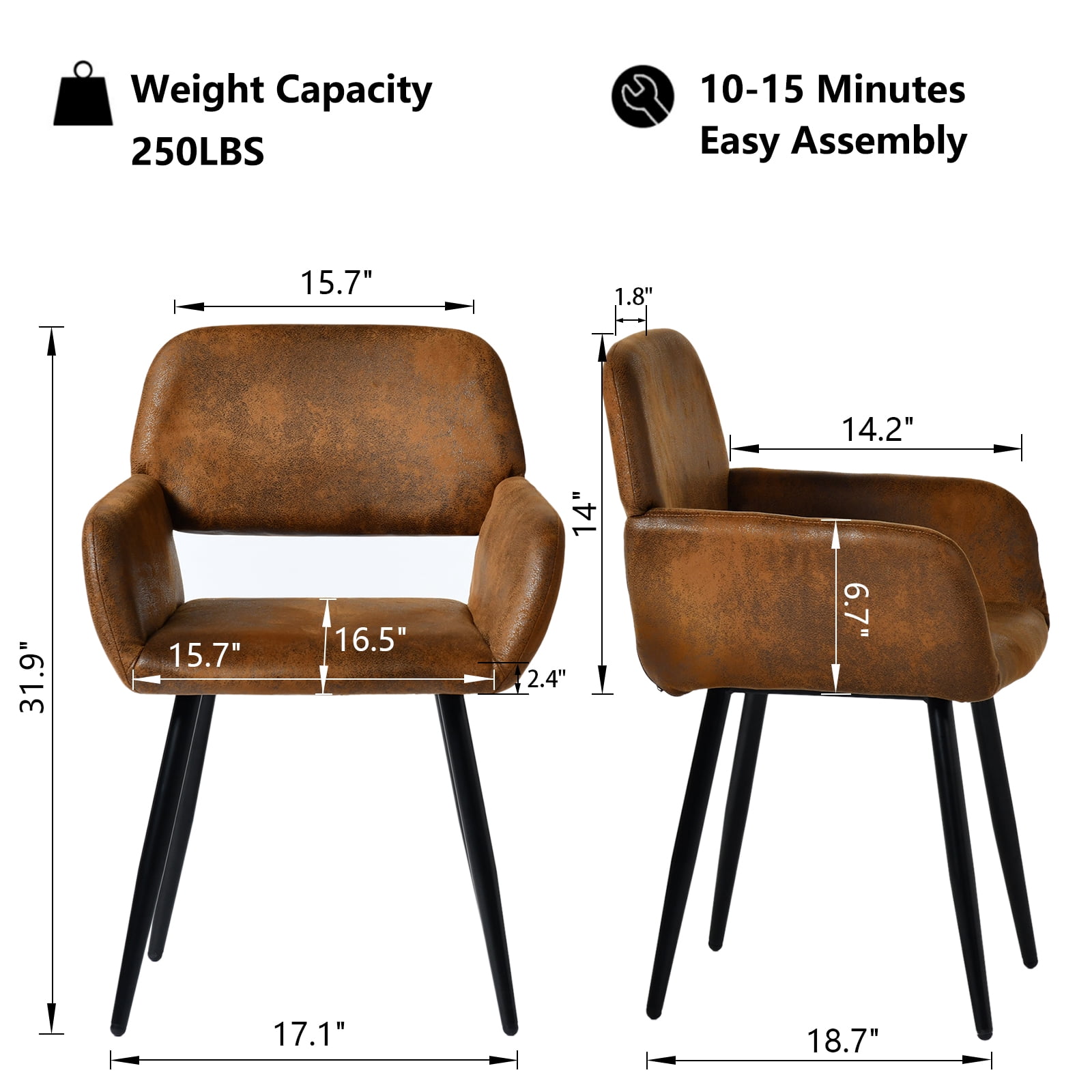 Homy Casa lot de 2 fauteuils d’appoint bruns 31,9 po, chaises en cuir PU avec pieds en métal pour salle à manger, chambre, bureau