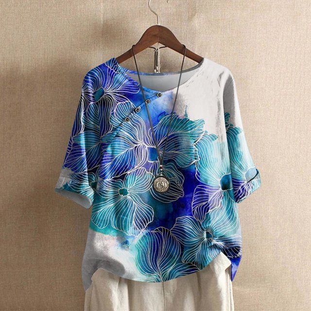 SMihono Hauts pour Femmes Été Chic Décontracté Mode Femme Décontracté Col Rond Blouse Imprimée T-Shirt Manches 1/2 T-Shirt d'Été Hauts Grande Taille T-Shirt