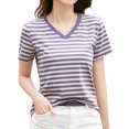 thumbnail image 1 of Women's Striped Retro Top Korean Style Full Loose Round Neck Short Sleeve Design Sense Color Contrast T Shirt, 1 of 4
