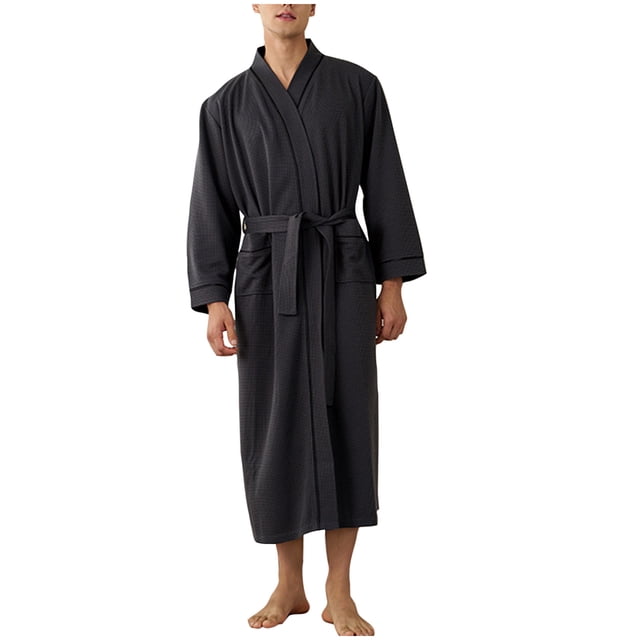 Mens Robes Lightweight Waffle Kimono Bathrobe Long Sleeve Sleepwear Soft Long Robe with Pockets