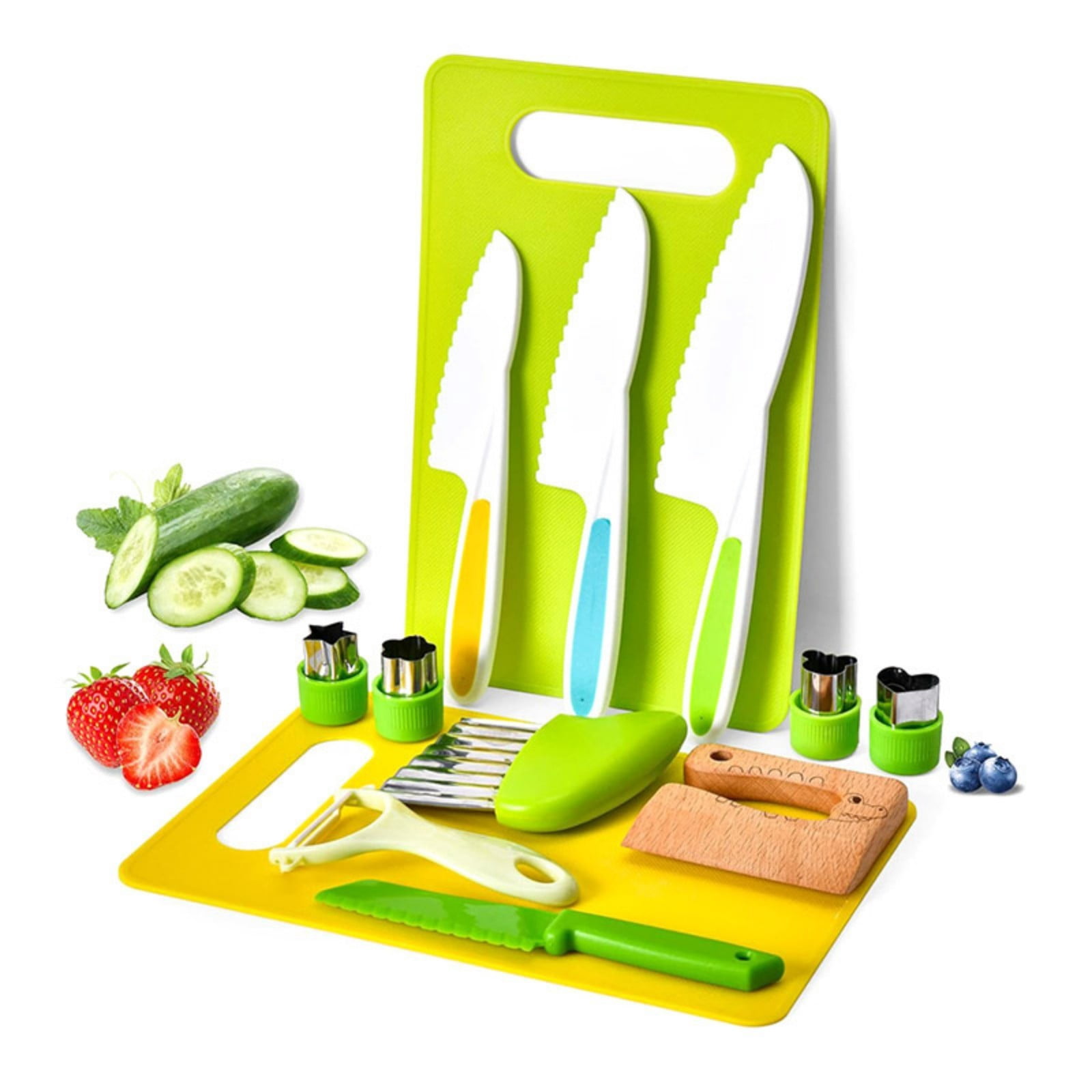 13PCS Toddler Knife Set - Kids Knifes for Real Cooking, Montessori Kids Kitchen Knife Set with Cutting Board Crinkle Cutters Kid Safe Knives, Toddlers Kitchen Tools for Age 2-10 Year Old Girl Boy