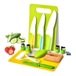 13PCS Toddler Knife Set - Kids Knifes for Real Cooking, Montessori Kids Kitchen Knife Set with Cutting Board Crinkle Cutters Kid Safe Knives, Toddlers Kitchen Tools for Age 2-10 Year Old Girl Boy