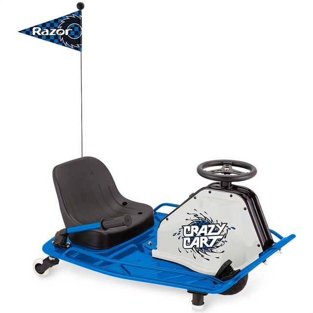 Razor Chariot Fou Électrique pour Enfants en Bleu, avec Siège Style Seau, Volant et Barre de Dérive Brevetée pour Dérapages et Vrilles Contrôlés. Ce go-kart Électrique Est Conçu pour le Jeu Extérieur, avec une Vitesse Maximale de 12 Mi/h, une Autonomie de 30 Minutes et une Capacité de Poids de 175 lb. Comprend un Drapeau de Sécurité, un Cadre en Acier Enduit de Poudre durable et une Pédale d'Accélération à Vitesse Variable.