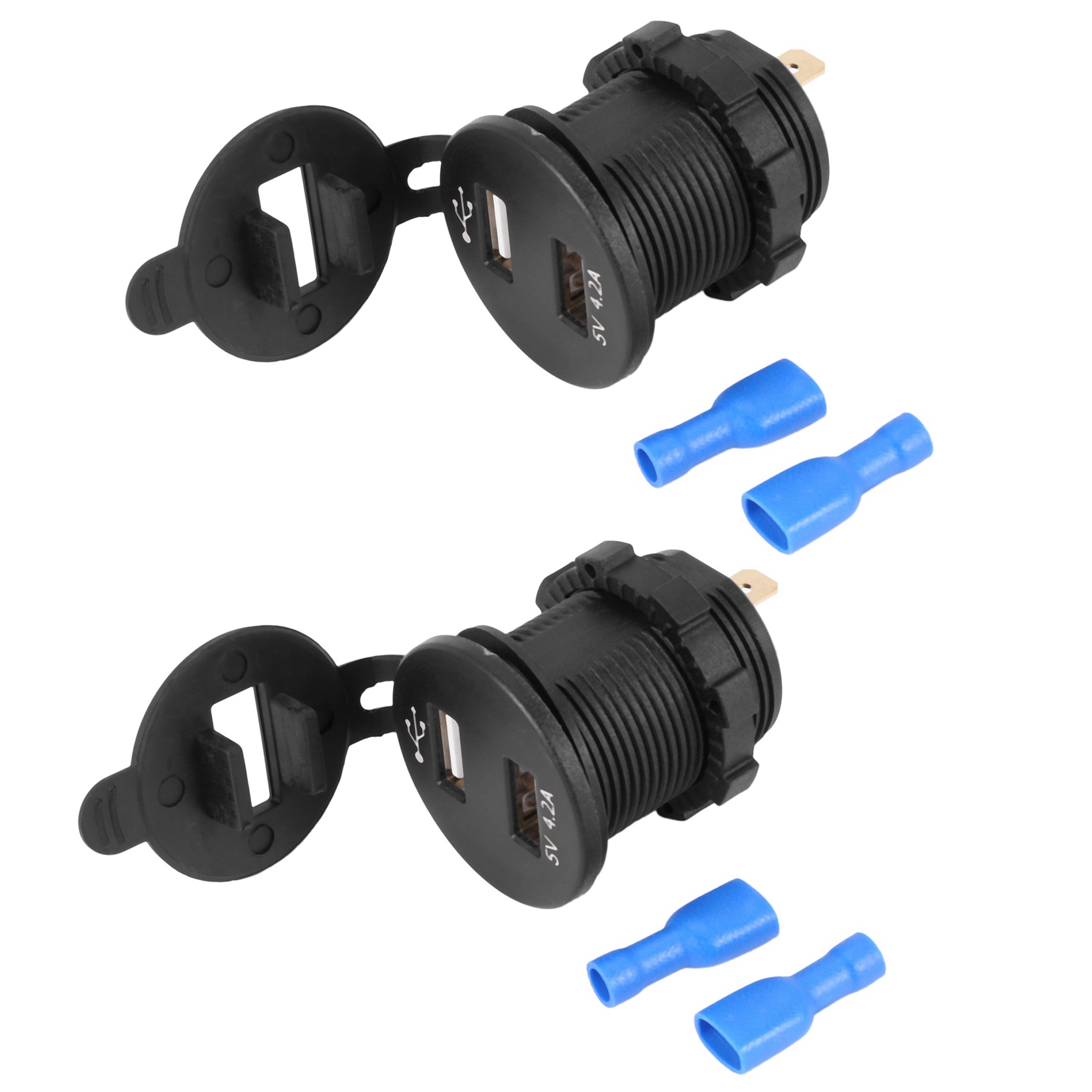 2X USB Car Socket 12V Car Charger 5V 4.2A Dual USB Car Charger Waterproof Cigarette Adapter with LED Digital Voltmeter,2 * Dual USB Car Charger 4 * Blue Terminal,black
