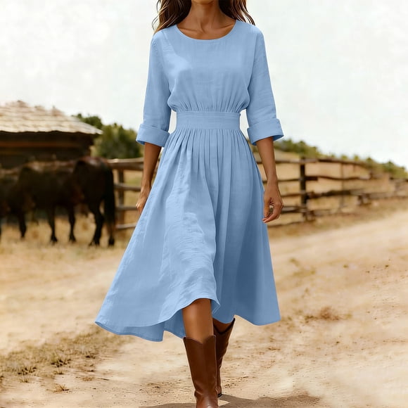 Ailaofu Women's Solid Color V-Neck Long Sleeve Cotton Linen Maxi Dress - Casual Loose Fit Dress for Spring Summer Daily Wear & Weekend