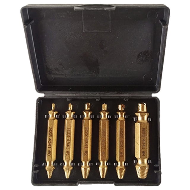 Ensemble de 6 Pcs d'Extracteurs de Vis Endommagés, Extracteurs de Vis Dénudés et Perceuses, Présenté dans une Boîte de Rangement Noire Ouverte. les six Extracteurs de Vis en Acier Offrent une Finition Dorée et des Diamètres Variables pour Différentes Tailles de Vis, Allant de 2 mm à 12 mm. Idéal pour Enlever les Vis Dénudées, Cassées Ou Encastrées, et Convient aux Propriétaires, Travailleurs du Bois, Mécaniciens et Amateurs.