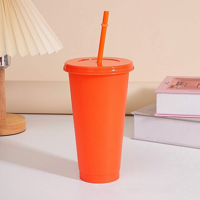 Assorted solid color reusable 710ml 24oz plastic cup cold cup coloured cup takeaway straw cup glasses with straw and lid