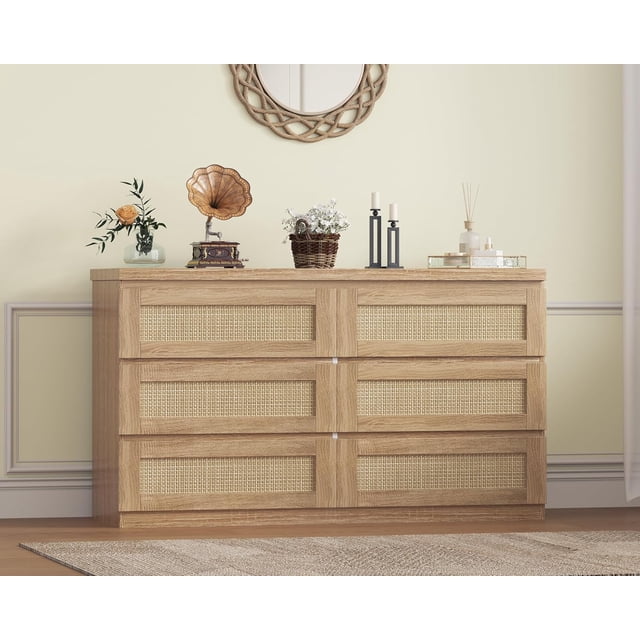 Commode en Rotin pour Chambre avec 6 Tiroirs, Commode Grand de Style Ferme Moderne de 47 Pouces, Armoire de Rangement en Bois pour Garde-Robe, Salon, Couloir