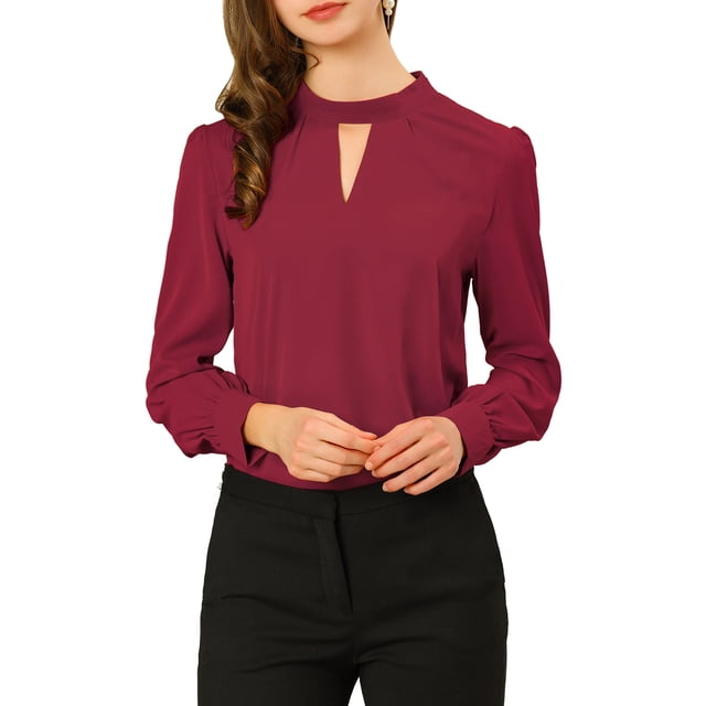 INSPIRE CHIC Women's Keyhole Stand Collar Pleated Back Button Blouse Tops