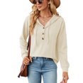 thumbnail image 2 of Yuyuzo Womens Fall Sweatshirts Drawstring V Neck Buttons Long Sleeve Textured Knit Pullover Tops, 2 of 7