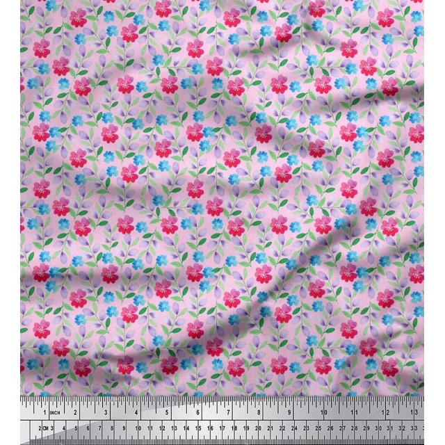 Soimoi Modal Satin Fabric Leaves & Floral Artistic Print Fabric by The Yard 42 Inch Wide