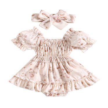 Baby Girls Romper Set Off-shoulder Floral A-line Dress + Headband