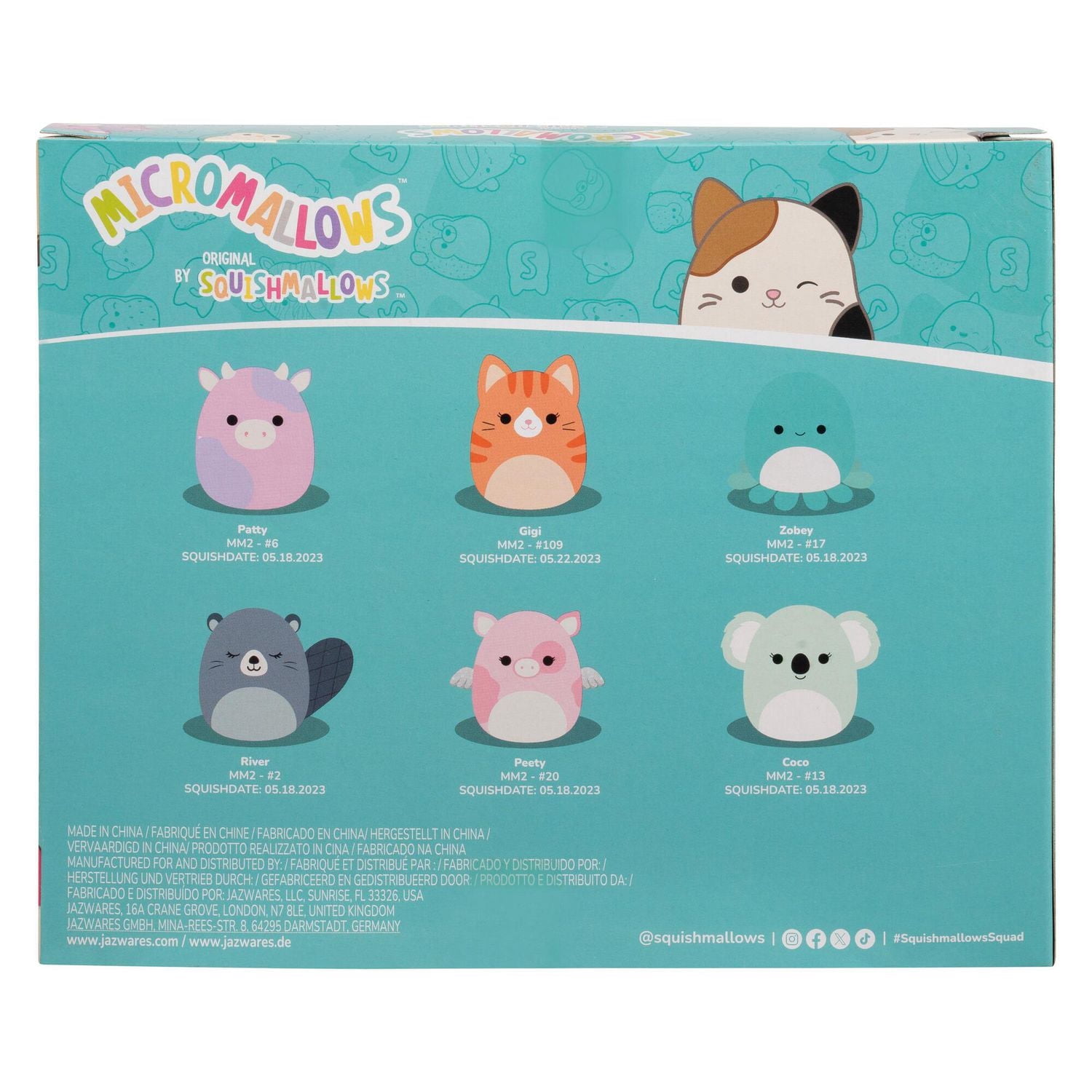 Micromallows 6-Pack – Patty Cow, Gigi Tabby Cat, Zobey Octopus, River Beaver, Peety Pig, Coco Koala