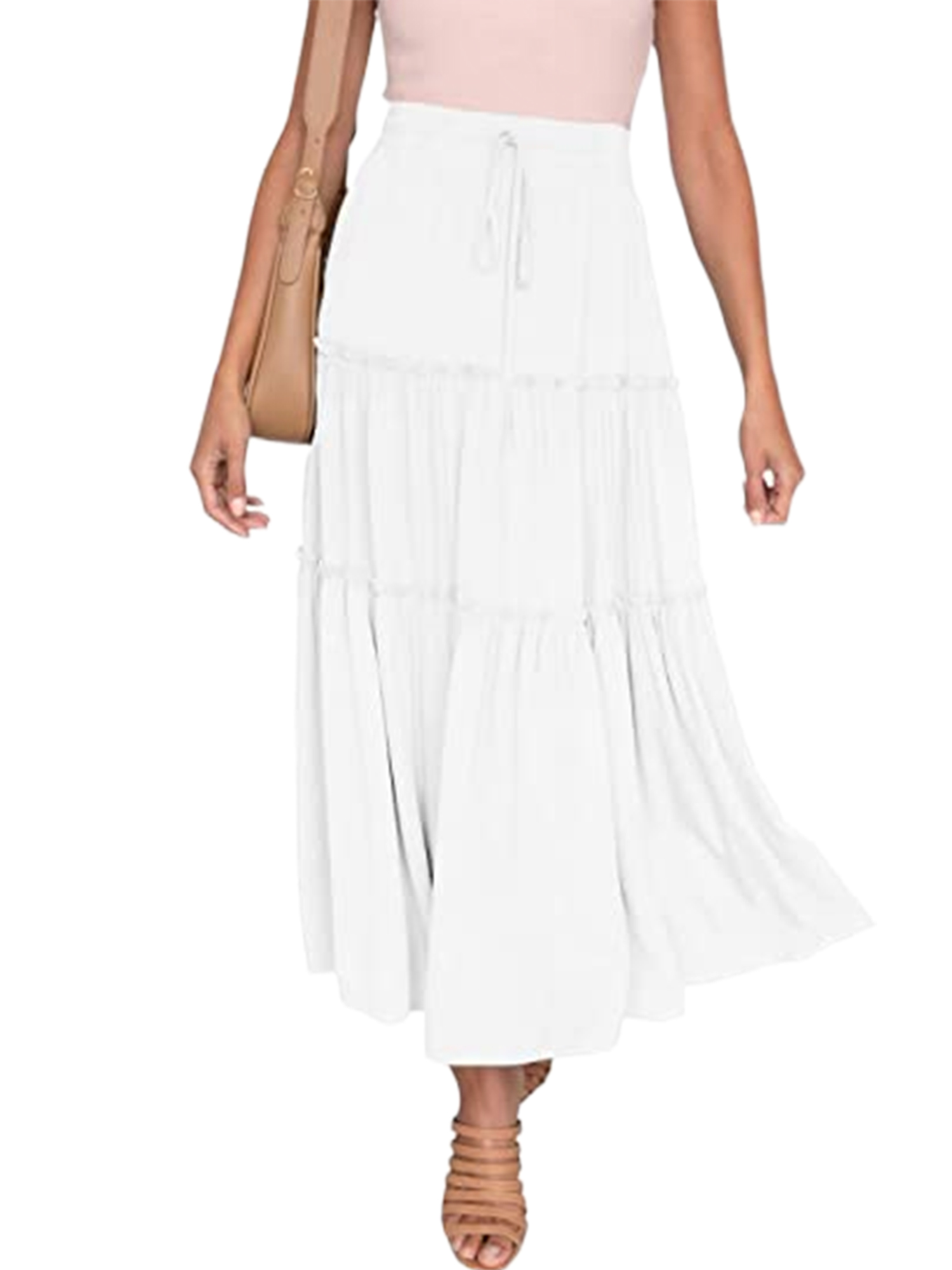 Luxur Women's High Waist Ruffle Flowy Swing Midi Skirt, White, XL