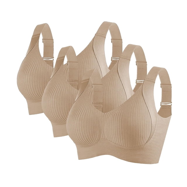 3 Pack Women Plus Size Push-Up Bras No Underwire T-Shirt Bralettes Ribbed Full Coverage Sports Everyday Bras Beige, 40/90BCD