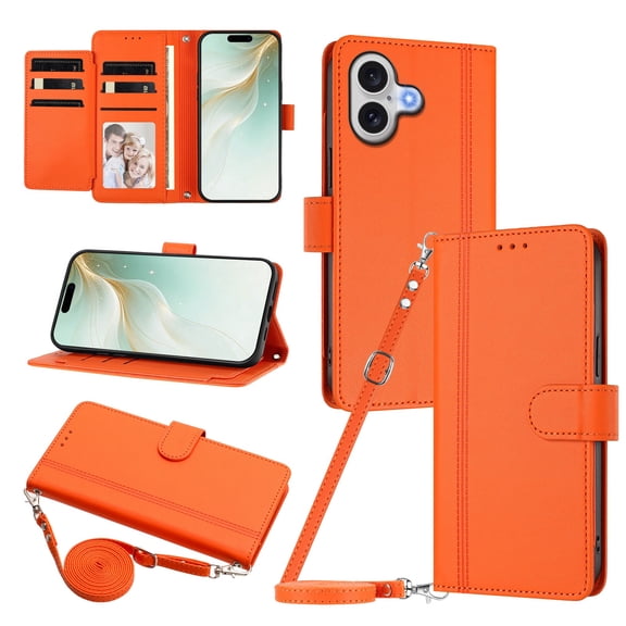 iPhone 17 Leather Wallet Case, Book Style Cover with Tab Closure, Orange