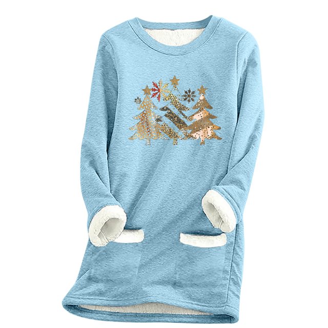 Pisexur Chandails Molletonnés Doublés pour Femmes, Col Rond de Noël, Manches Longues, Chandail Chaud d'Hiver Surdimensionné, Haut à Enfiler Imprimé Arbre de Noël avec Poches