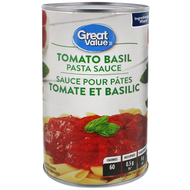 Great Value Sauce pour Pâtes Tomate et Basilic en Conserve avec Étiquette Bilingue Anglais et Français, Montrant une Riche Sauce Tomate et Basilic Rouge Nappée d'Une Feuille de Basilic sur des Pâtes penne, Idéale pour des Repas Rapides sur la Cuisinière Ou au Micro-Ondes et Marquée comme Produit Ingrédient Wise.