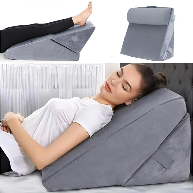 Bed Wedge Pillow for Sleeping, adjustable grey memory foam incline cushion with a foldable design, shown supporting legs and back. Suitable as a body support pillow or headboard, with a machine washable crystal velvet cover and a carry handle for travel or compact storage.