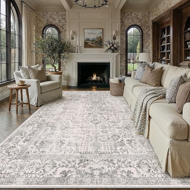 BERTHMEER Tapis 274 X 366 cm (9 Pieds X 12 Pieds) pour Salon, Chambre, Bureau, Salle à Manger, Style Campagnard, Grand Tapis Vintage Oriental Antidérapant, Gris