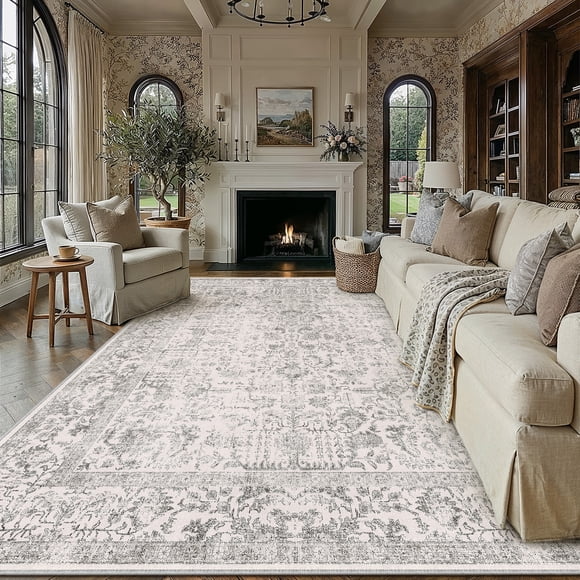 BERTHMEER 8'x10' Area Rugs for Living Room Bedroom Office Dining Room Farmhouse Vintage Oriental Traditional Non Slip Washable Large Rugs Carpets Tapis, Gray