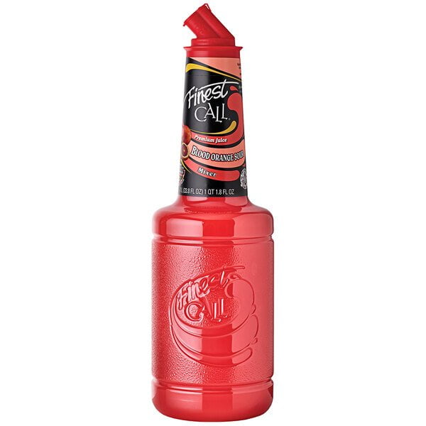 Finest Call 1 L Premium Blood Orange Sour Mix in a vibrant red bottle with a long neck and easy-pour cap. The label highlights its bold citrus flavor, made with single-pressed lemon, lime, and blood orange juices. Ideal for crafting margaritas, daiquiris, and specialty cocktails, this mixer offers a smooth sour profile and consistent mixability. Suitable for use with tequila, vodka, rum, and non-alcoholic beverages.