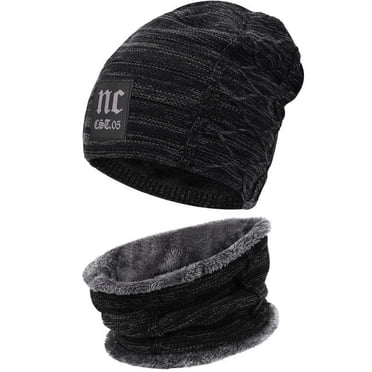 FZ FANTASTIC ZONE Mens Womens Winter Knit Beanie Hat Scarf Warm Cap Neck Warmer Set Fleece Lined, Black