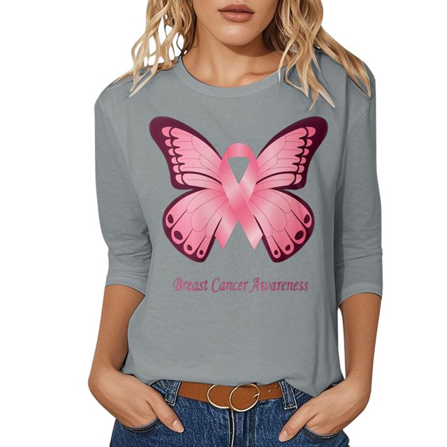 Fgnfyis T-Shirts pour Femmes Sensibilisation au Cancer Hauts Décontractés Col Rond Manches Trois Quarts Design Imprimé pour Quotidien Printemps Été Automne Célébrations Hauts pour Femmes Gris TG