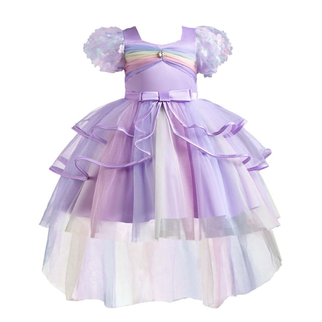NiSHUIHAN Robes pour Filles Robe Princesse en Tulle pour Enfants à Manches Courtes Robe pour Bébé Fille avec Nœud Robe Violette 150