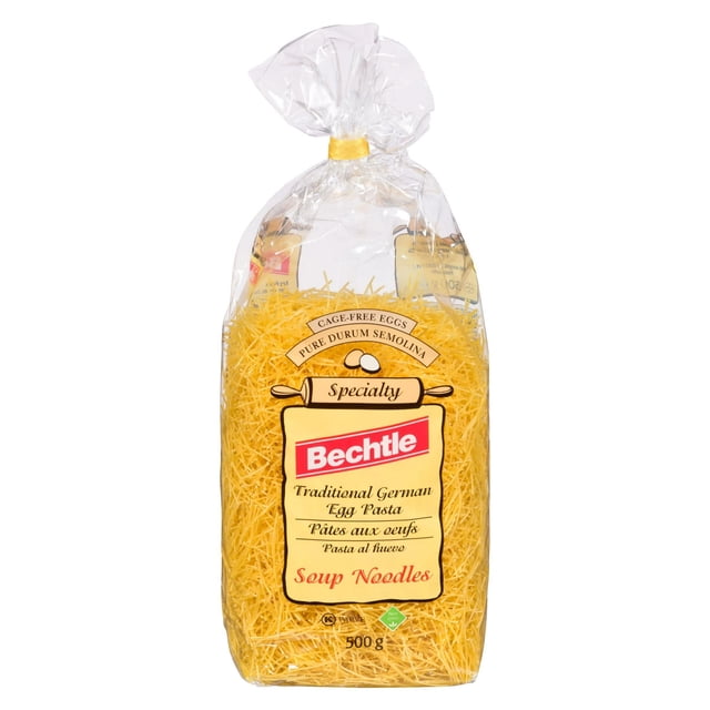 Bechtle Soupe Mince Noodles 500g dans un Sac en Plastique Transparent Montrant de Fins Brins de Pâtes aux Oeufs Traditionnels Allemands Jaunes Faits à Partir d'Oeufs Sans Cage et de Semoule de Blé Dur Pur, Idéal pour des Soupes et Bouillons Copieux et Soupes de Nouilles à l'Asiatique.
