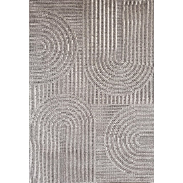 Rug Branch Hogar Abstract Indoor Outdoor Area Rug in grey cream featuring a modern geometric pattern of concentric arches and linear textures with a durable jute weave, suitable for living room, bedroom, dining room, kitchen, patio, or balcony use and as a stylish decorative floor accent.