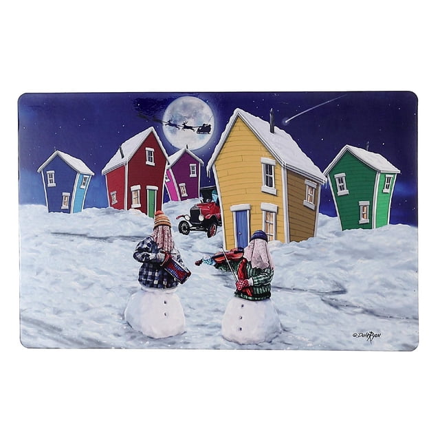 Napperon en Plastique (Bonhommes de Neige) - Ensemble de 12 Présentant une Scène Hivernale festive avec Deux Bonshommes de Neige Jouant des instruments de Musique devant des Maisons Inclinées Colorées sous une Pleine Lune et la silhouette du Traîneau du Père Noël, Conçu comme du Linge de table durable pour Protéger les surfaces de Salle à Manger contre les Déversements Lors d'Occasion Spéciales.