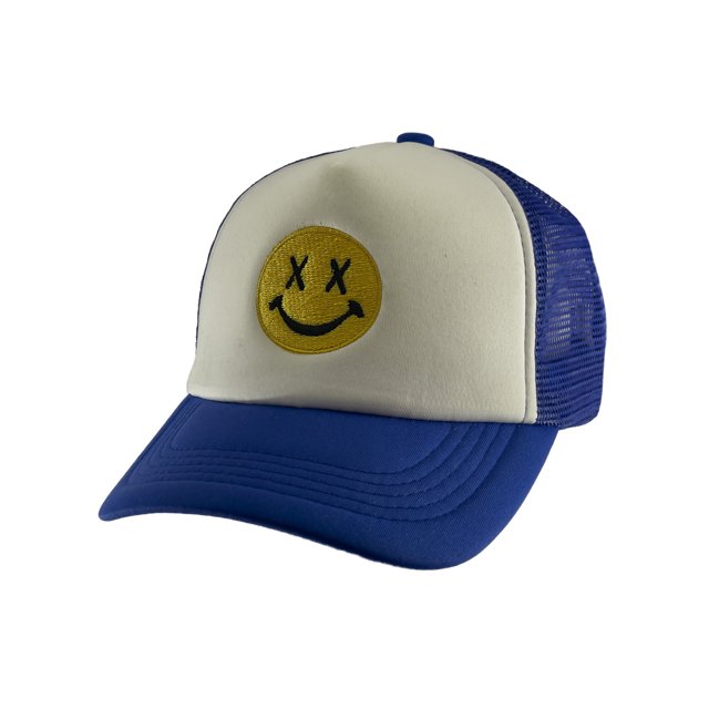 Gravity Threads Smile Face Embroidery Adjustable Trucker Hat - Cross Eye - White/Royal