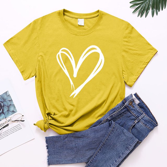 Jsaierl T-Shirts Imprimés Amour de la Saint-Valentin pour Femmes Été Manches Courtes Col Rond T-Shirts Mignons Polyvalents Confortables Doux