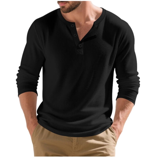Wdfiry Men's Tops Solid Color Loose Plus Size Henley Tshirt Comfortable Fall Button Crewneck Long Sleeve Undershirts