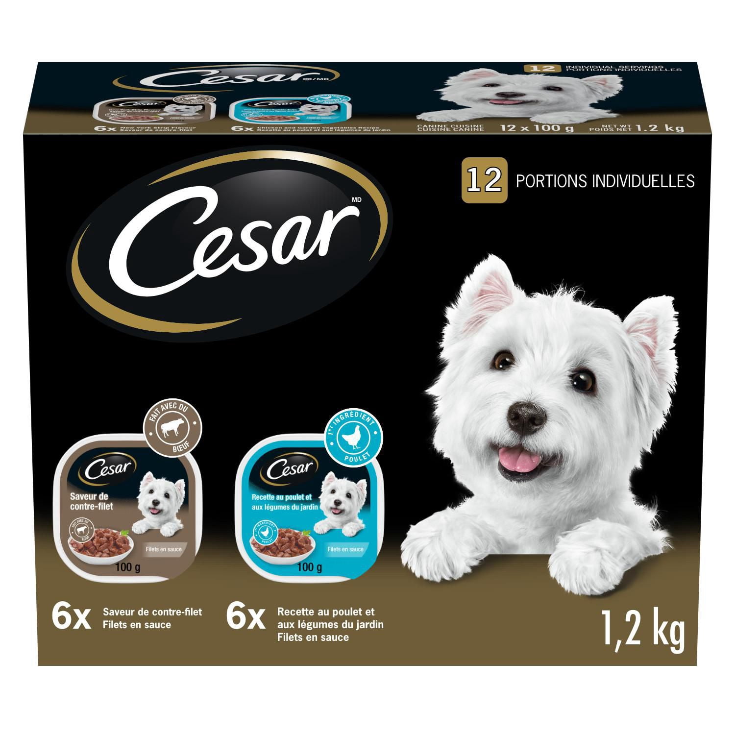Cesar Adulte Filets en Sauce Poulet et Légumes du Jardin, Saveur de Faux-Filet de New York Paquet Varié Nourriture Humide Tendre pour Chiens 1.2 kg
