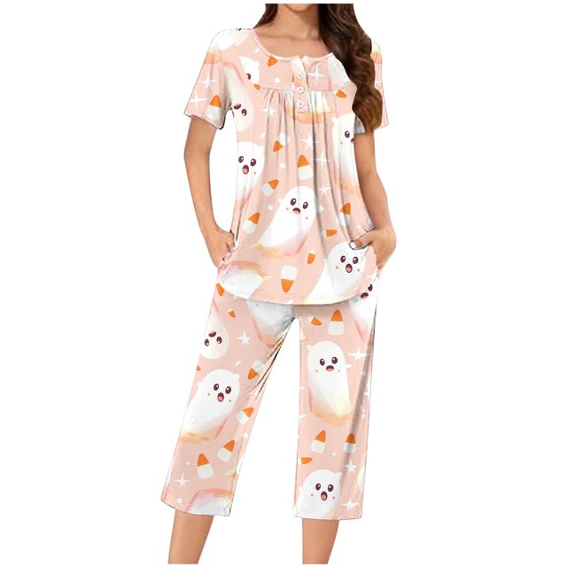 Jamicy Pyjama pour Femmes Pyjama pour Femmes à la Mode Décontracté Ample Imprimé Col Rond à Boutons Pantacourt Ensemble de Pyjama Pyjama d'Halloween