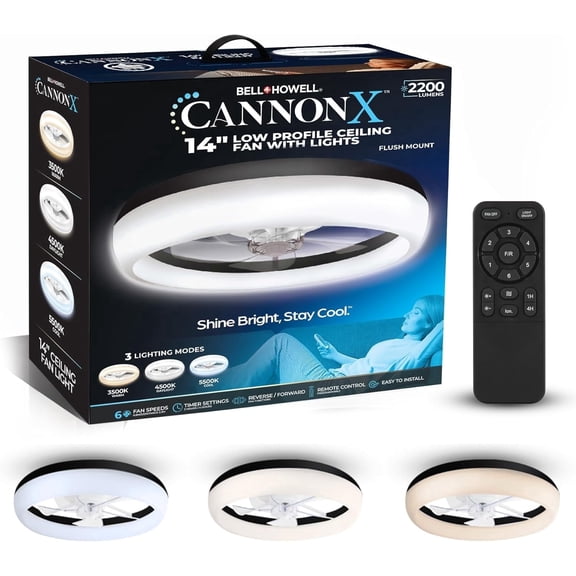 Bell + Howell CannonX Noir 14” Ventilateur de Plafond à DEL 6 Vitesses avec Télécommande, Minuterie et Mode Inversion