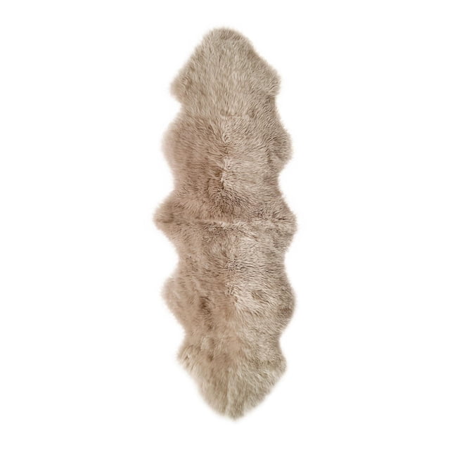 NEW ZEALAND SHEEPSKIN DOUBLE RUG/RUNNER 2' X 6' shown from above, featuring a natural beige color with a thick 2.5-inch plush pile and an organic, irregular shape. Made of 100% genuine New Zealand sheepskin wool with a soft microsuede anti-skid backing, ideal for adding warmth and softness to indoor spaces and often used as a cozy seat cover or bench drape.