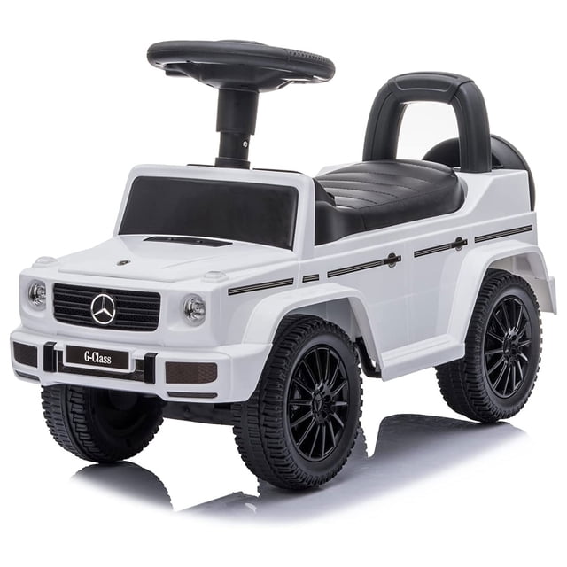Best Ride On Cars Poussette pour Enfants Mercedes G-Wagon Push Voiture Blanche, Conçue pour les Tout-Petits de 1 à 3 Ans. Cette Voiture Push Présente une Construction en Plastique durable Inspirée du Mercedes G-Wagon, Complète avec des Détails Authentiques comme un Siège Rembourré en Similicuir, des Lumières DEL Fonctionnelles, un Grand Volant avec un Klaxon et un accent Arrière Moulé aux 5e Roues. la Voiture Comprend un Dossier Haut, une Planche Roulante Arrière pour la Sécurité et un Rangement Caché sous le Siège pour Collations et Jouets. les Dimensions Sont 2