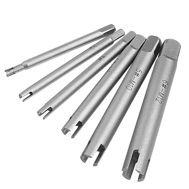 Ensemble d'Extracteurs de Clapet en Acier Brisé, Comprenant 5 Outils en Acier à Grande Vitesse de Tailles 2# à 6#, Usinés en Acier au Chrome-Molybdène durable pour Enlever les Vis et Tarauds Cassés, Rouillés Ou Rayés. Comprend des Extracteurs à 3 Griffes et 4 Griffes pour Divers Modèles de Clapet, Affichés dans un arrangement en Éventail. Convient à l'Amélioration de la Maison et aux Tâches de Réparation Professionnelles.