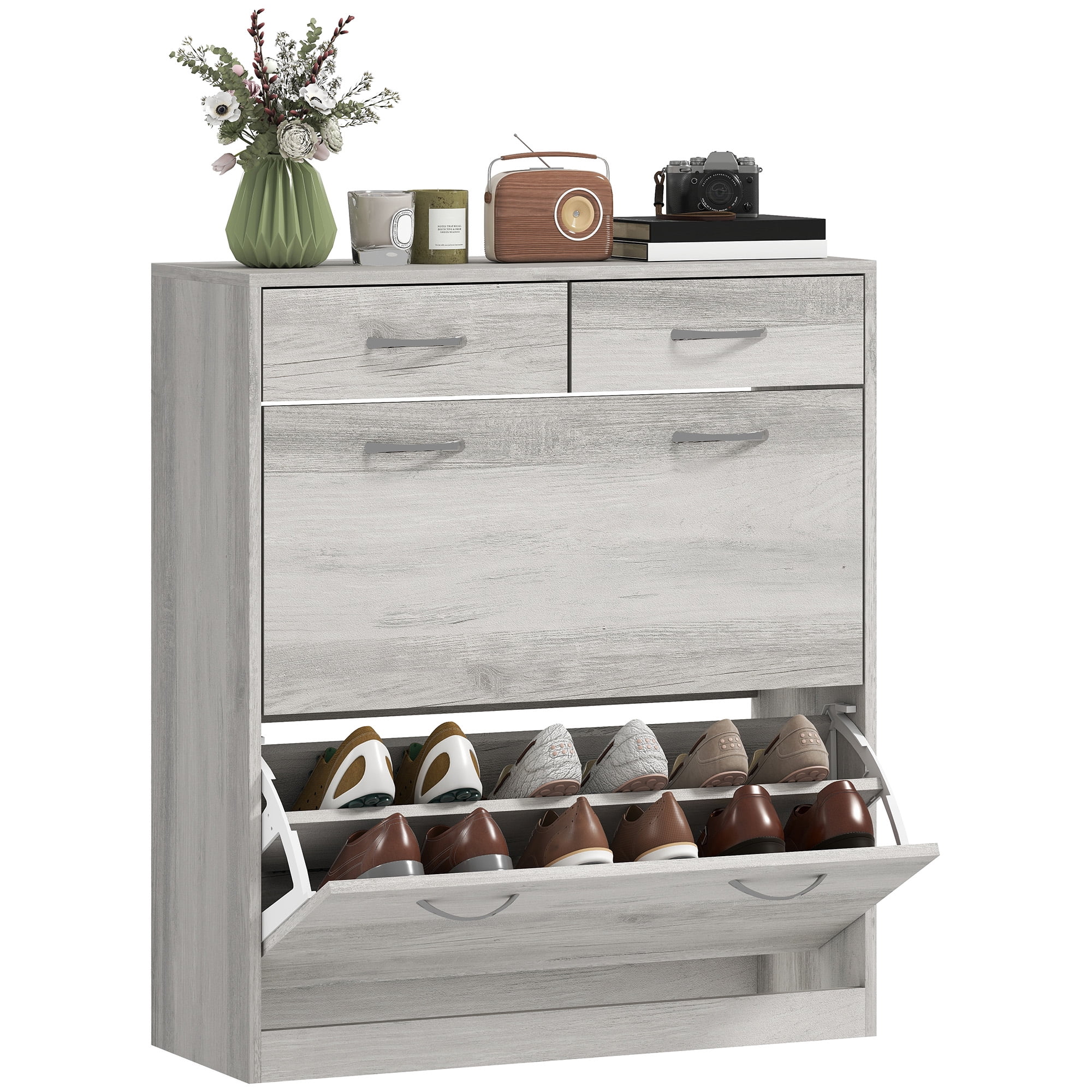 HOMCOM Armoire d'Entrée avec 2 Tiroirs Basculants pour 12 Paires de Chaussures Gris