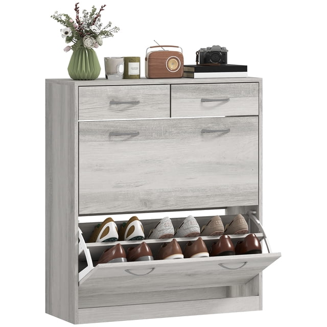 HOMCOM Armoire d'Entrée avec 2 Tiroirs Basculants pour 12 Paires de Chaussures Gris