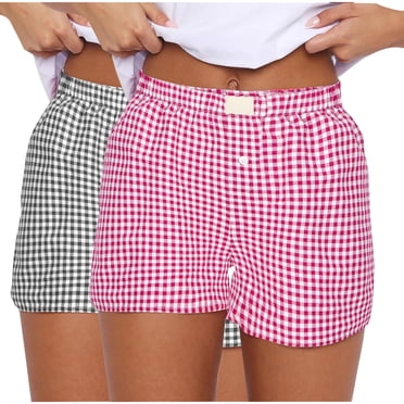 Lenpel Women's Boxer Shorts 2 Pc Summer Casual Elastic High Waisted Plaid Pajama Lounge Shorts Sleep Pj Bottoms
