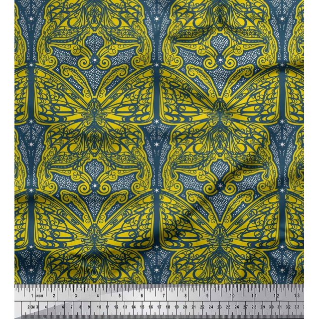 Soimoi Polyester Crepe Fabric Dot & Artistic Butterfly Print Sewing Fabric Yard 42 Inch Wide