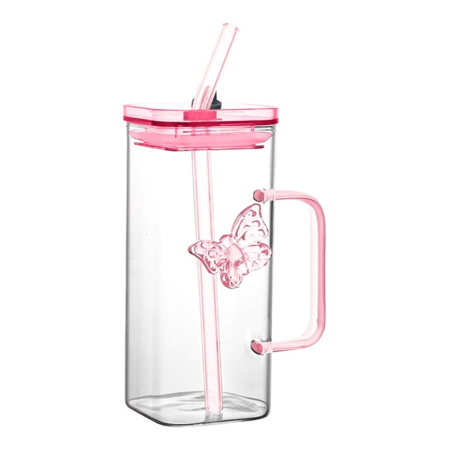 Glass Heat Straw Glass Cup 350ml Beverage Mug with Lid for Cold Drinks Juice Coffee Home Bar Use Glass Texture Cupware