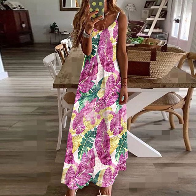 Ovzne Robes Grande Taille pour Femmes aux Formes Robe Femme Robes d'Été pour Femmes Imprimé Sans Manches Col Rond Robe Décontractée Longues Robes Robe Maxi Grande Taille Imprimée Liquidation