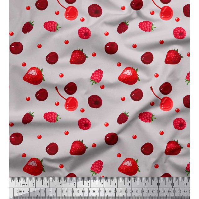 Soimoi Cotton Cambric Fabric Raspberry,Strawberry & Cherry Fruits Printed Fabric 1 Yard 56 Inch Wide