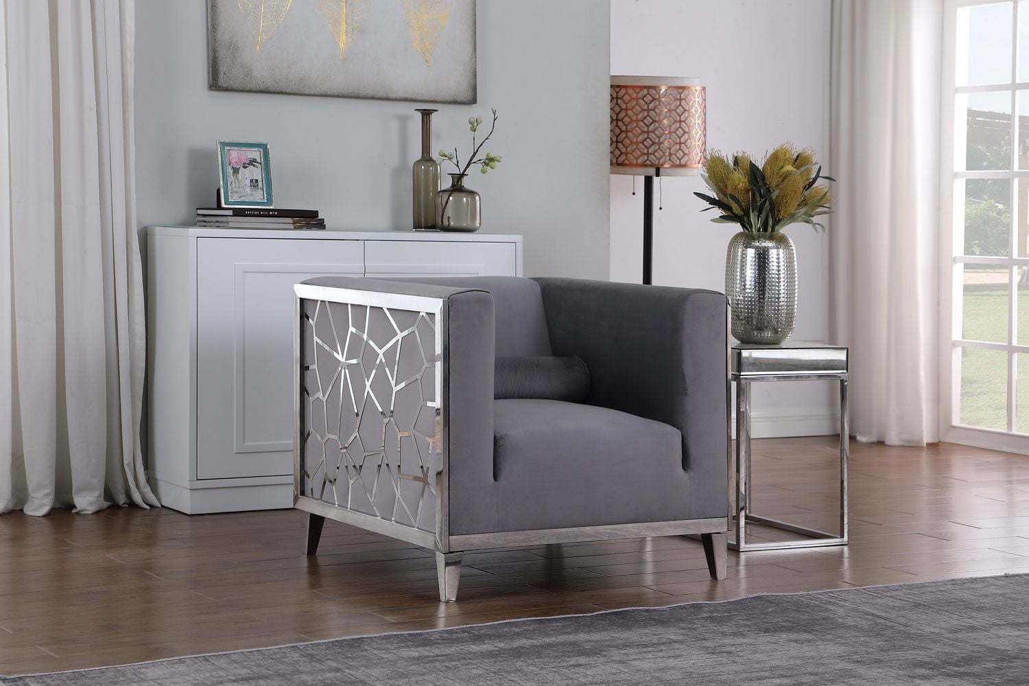 K-Living Darlene Chaise en velours gris pelucheux