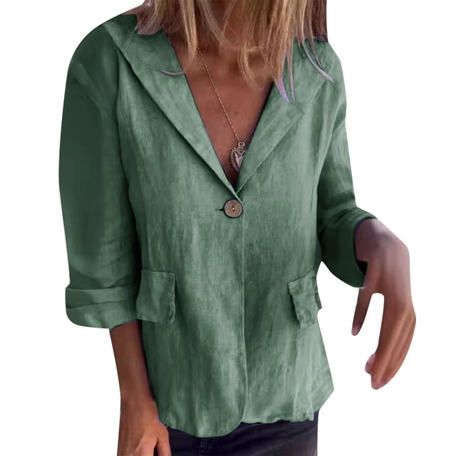 MIASHUI Loose Fit Solid Color Button-Up Notched Collar Linen Blend Blazer Cardigan for Women Bohemian Style Lightweight Jacket Green,XL